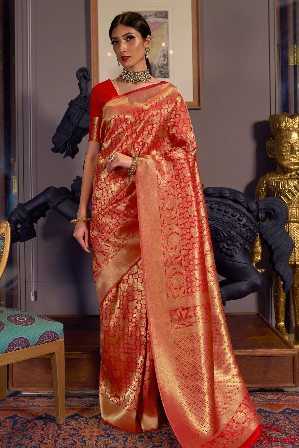 MySilkLove Guardsman Red Woven Kanjivaram Saree