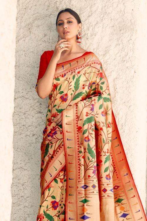 MySilkLove Red Golden Zari woven Paithani Saree