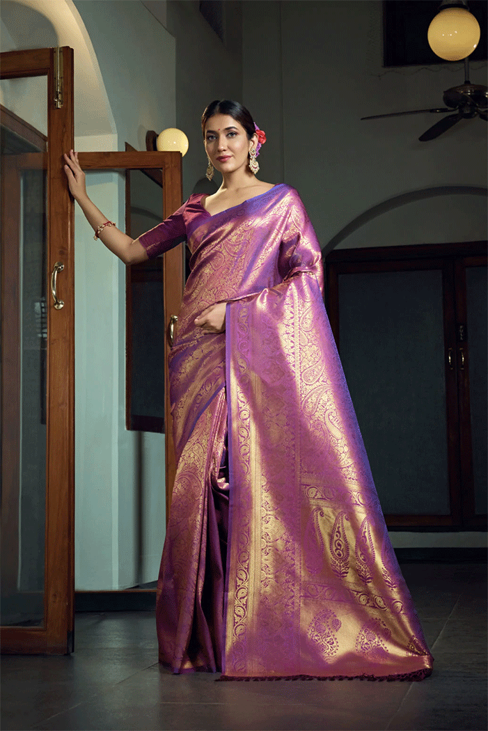 Buy MySilkLove Twilight Lavender Purple Zari Woven Kanjivaram Saree Online