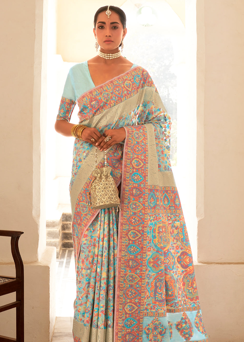 Buy MySilkLove Light Sky Blue Woven Banarasi Jamewar Kashmiri Silk Saree Online