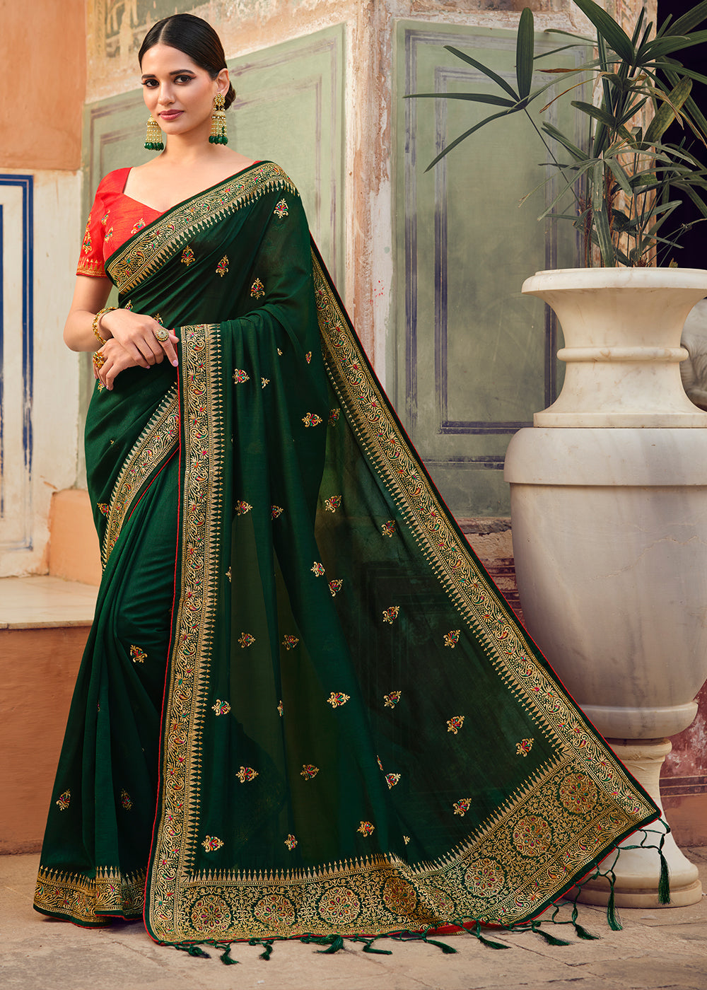 Buy MySilkLove Killarney Green Woven Banarasi Saree with Embroidery Work Online