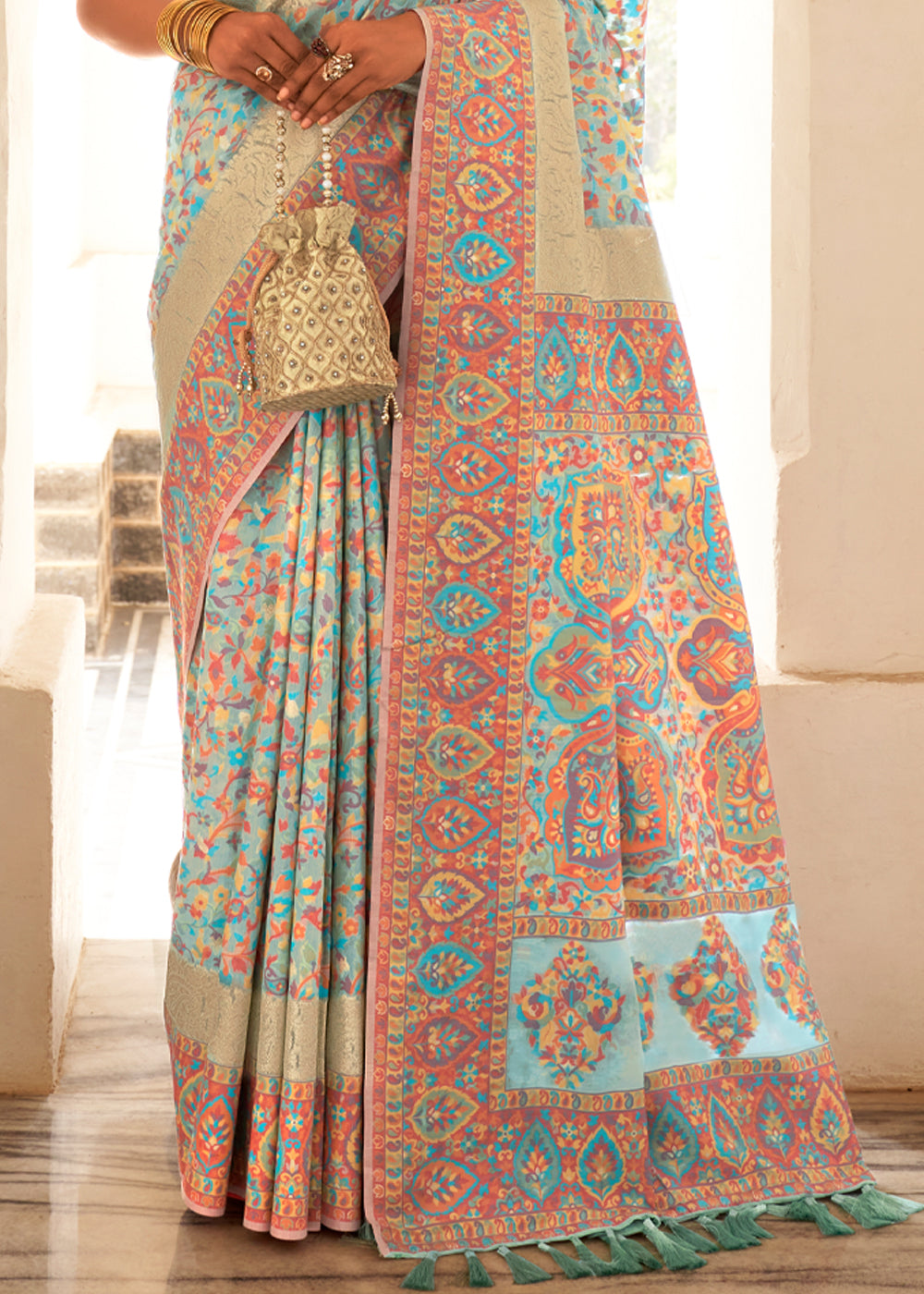 Buy MySilkLove Light Sky Blue Woven Banarasi Jamewar Kashmiri Silk Saree Online