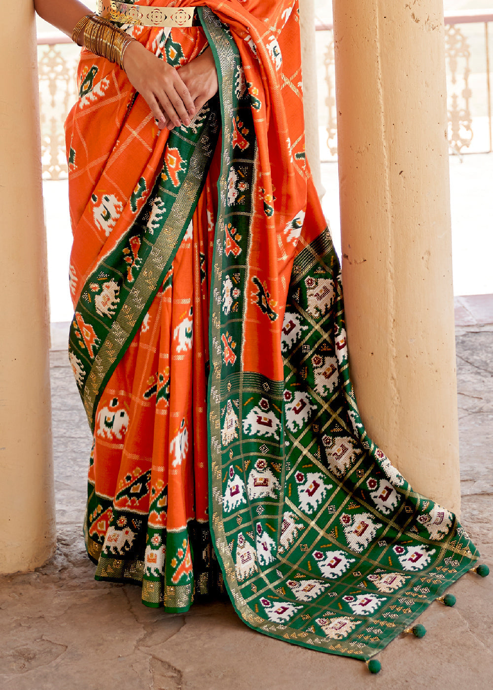 Buy MySilkLove Serria Orange and Green Printed Patola Silk Saree Online