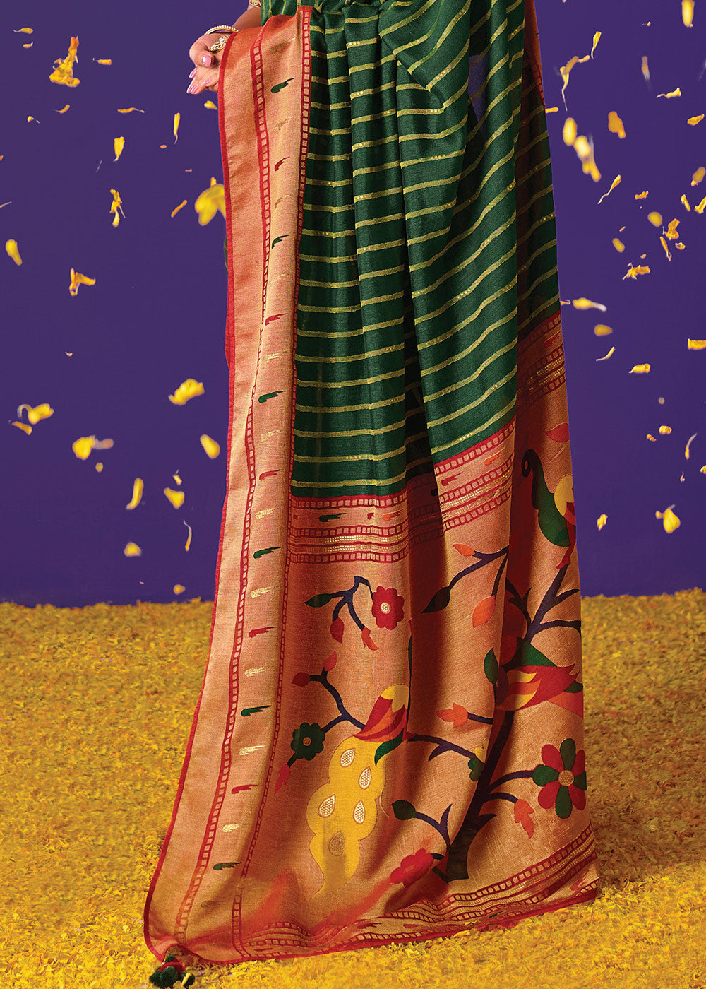 Buy MySilkLove Thatch Green Printed Paithani Saree With Embroidered Blouse Online