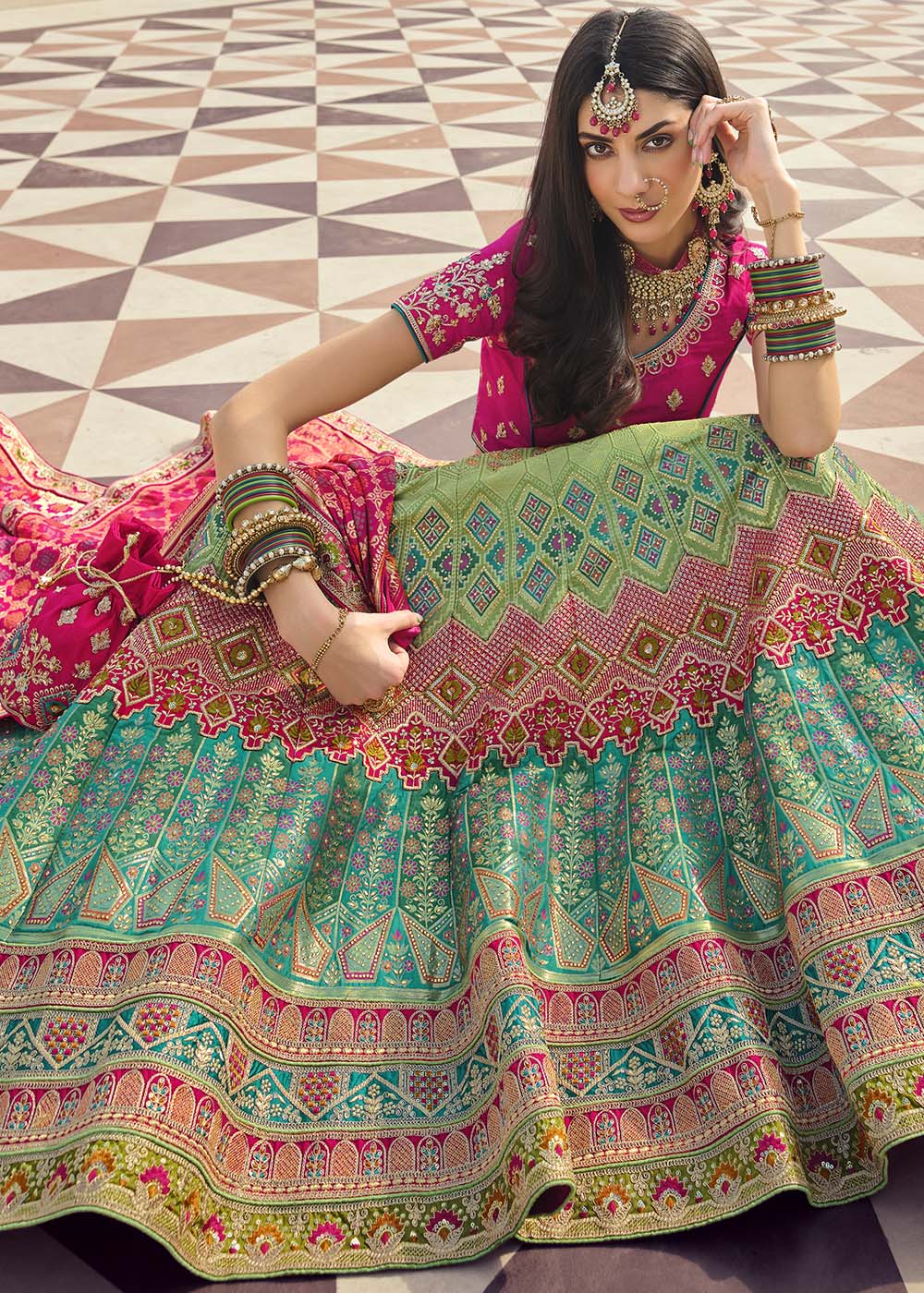 MySilkLove Locust Green and Pink Banarasi Silk Lehenga Choli