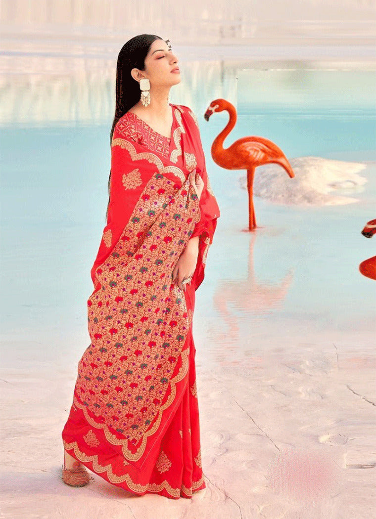 Buy MySilkLove Persimmon Red Zari Woven Banarasi Saree Online