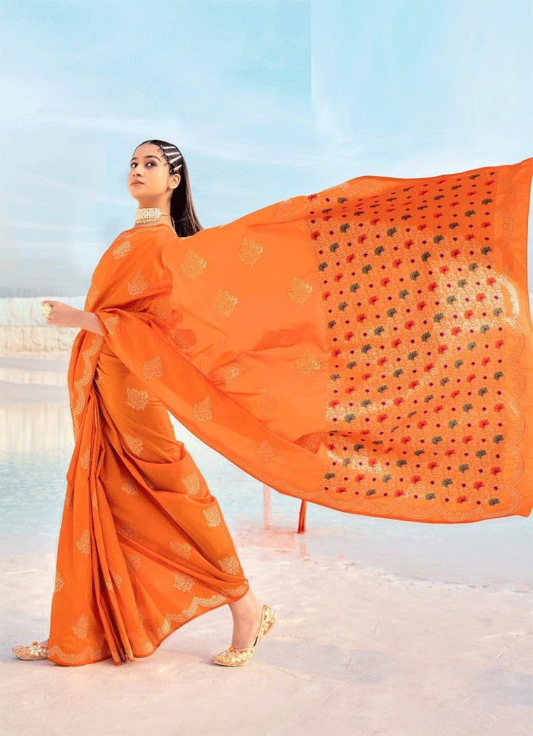 Buy MySilkLove Mango Orange Zari Woven Banarasi Saree Online