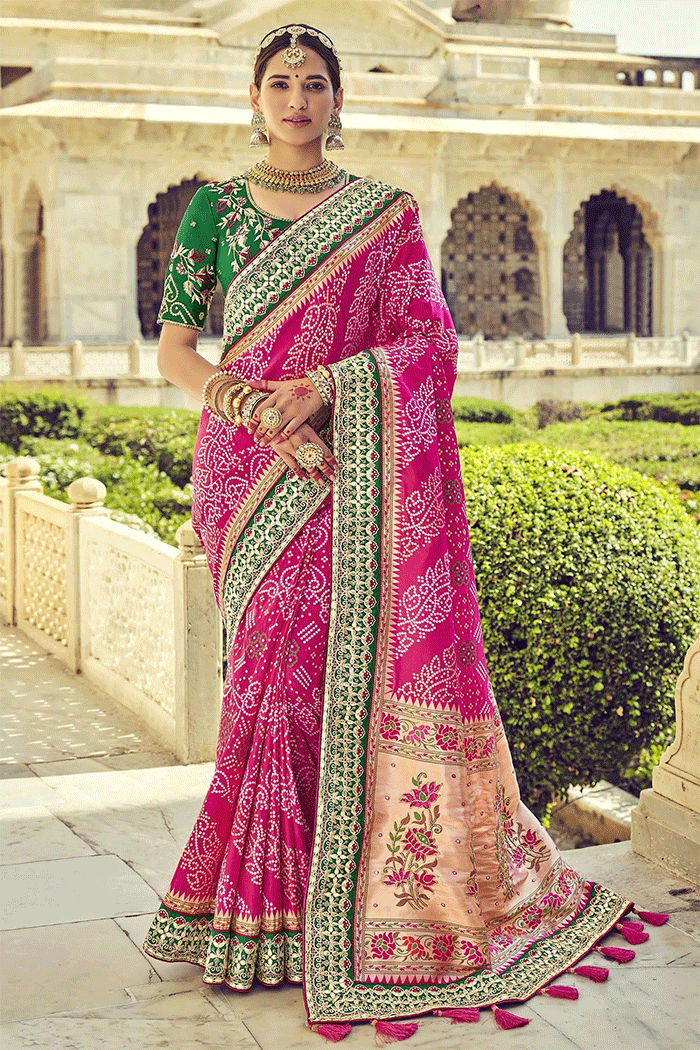 Buy MySilkLove Mystic Pink and Green Zari Woven Patola Saree with Designer Blouse Online