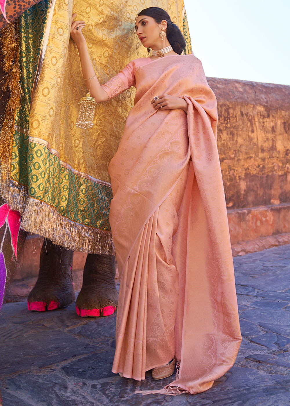 Buy MySilkLove Apricot Peach kanjivaram Woven Silk Saree Online