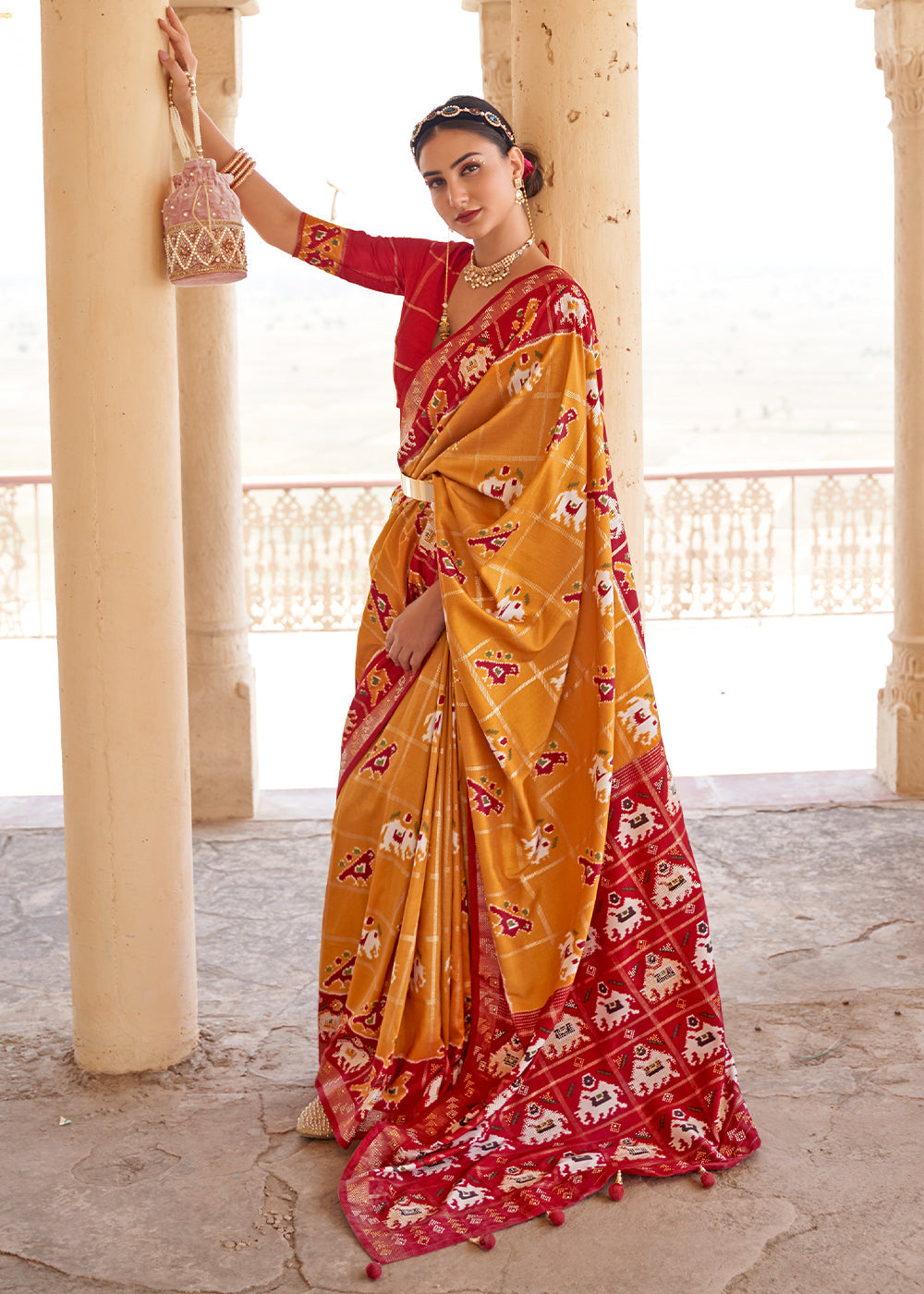 Buy MySilkLove Golden Grass Yellow and Red Printed Patola Silk Saree Online