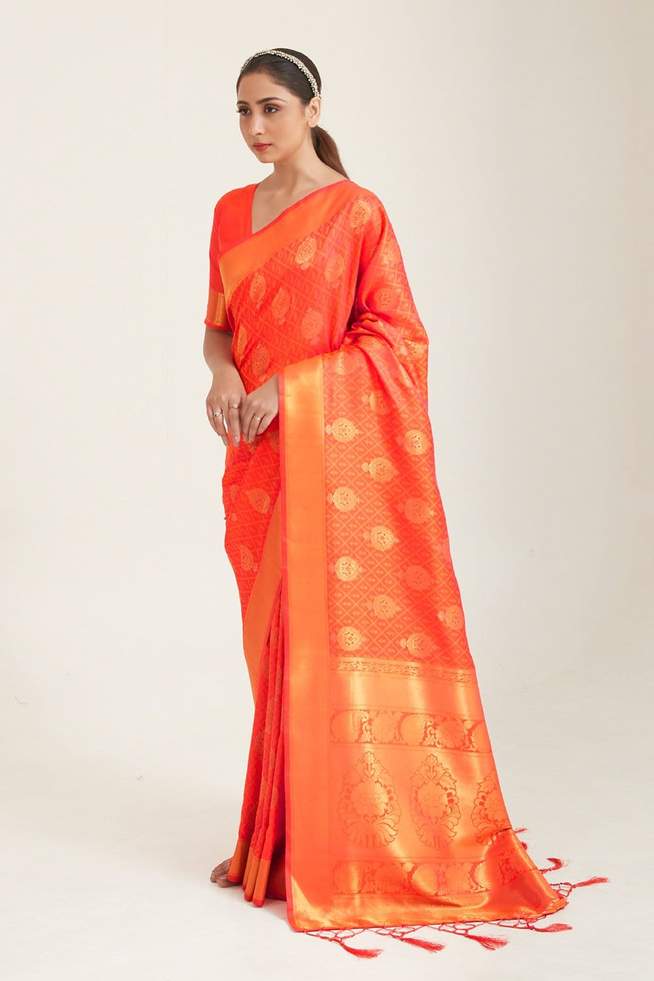 Buy MySilkLove Pomegranate Orange Zari woven Banarasi Saree Online