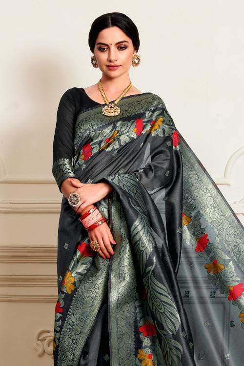 MySilkLove Baltic Sea Grey Zari Woven Chanderi Banarasi Saree