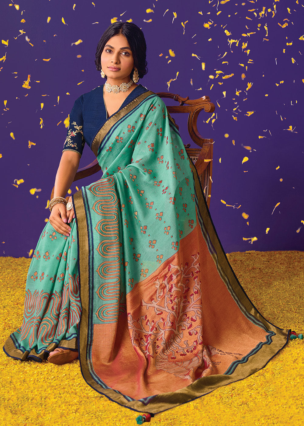 MySilkLove Riptide Blue Printed Paithani Saree With Embroidered Blouse