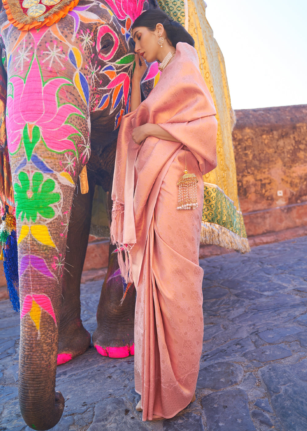 Buy MySilkLove Apricot Peach kanjivaram Woven Silk Saree Online