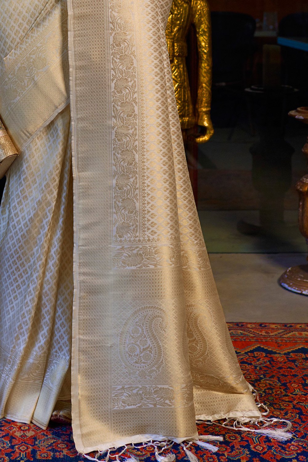 Buy MySilkLove Golden Off White Woven Kanjivaram Saree Online