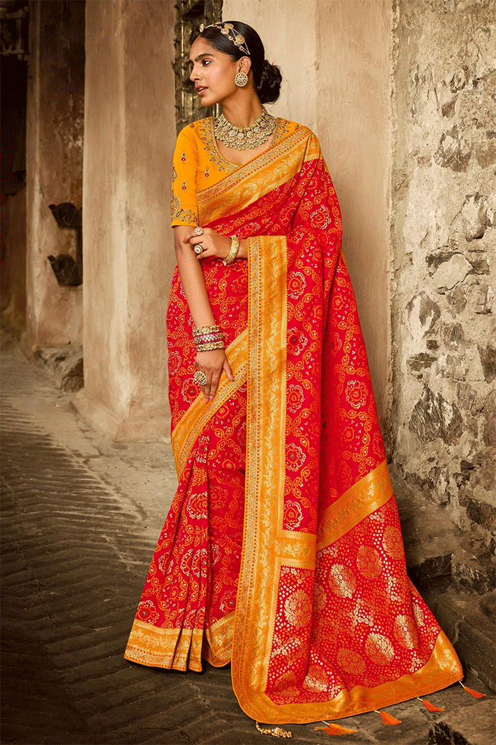 Buy MySilkLove Red Damask and Yellow Zari Woven Banarasi Saree Online