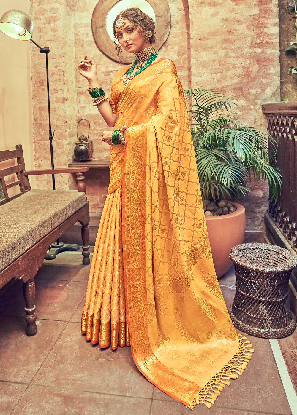 Buy MySilkLove Saffron Yellow Woven Banarasi Silk Saree Online