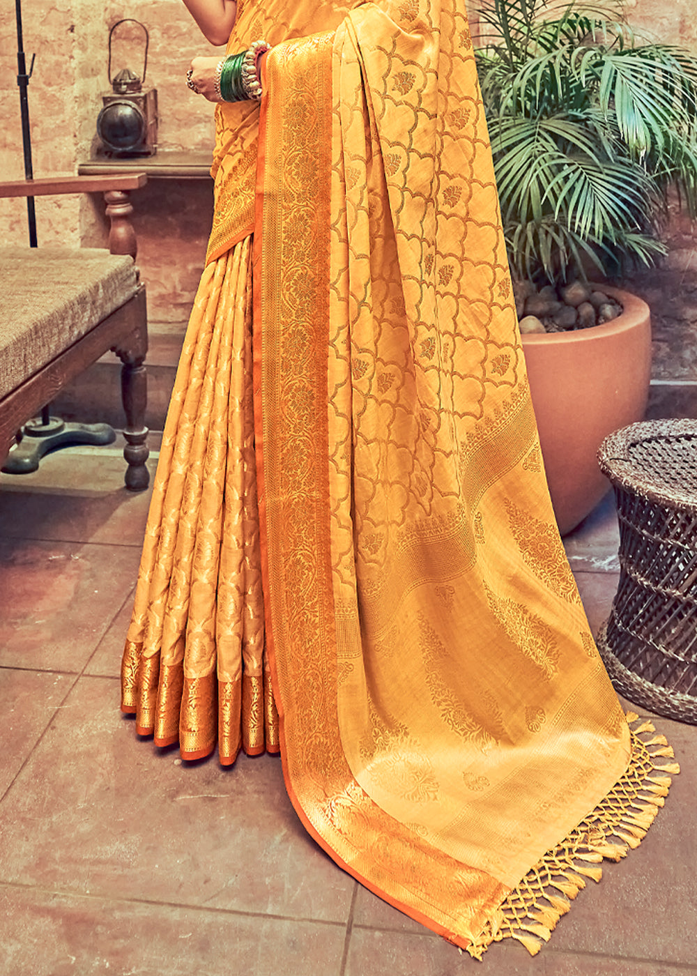 Buy MySilkLove Saffron Yellow Woven Banarasi Silk Saree Online