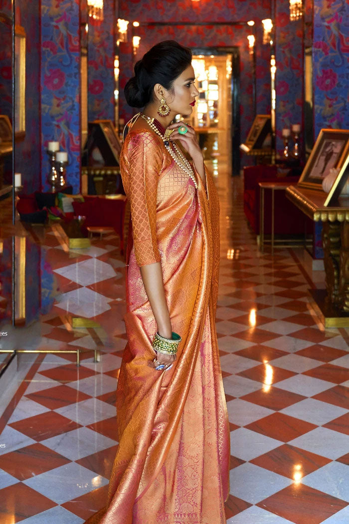 Buy MySilkLove Orange Pink Handcrafted  Kanjivaram Saree - MySilkLove Online