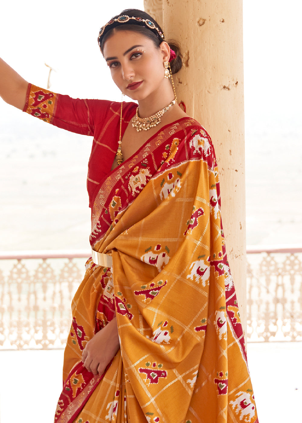 Buy MySilkLove Golden Grass Yellow and Red Printed Patola Silk Saree Online