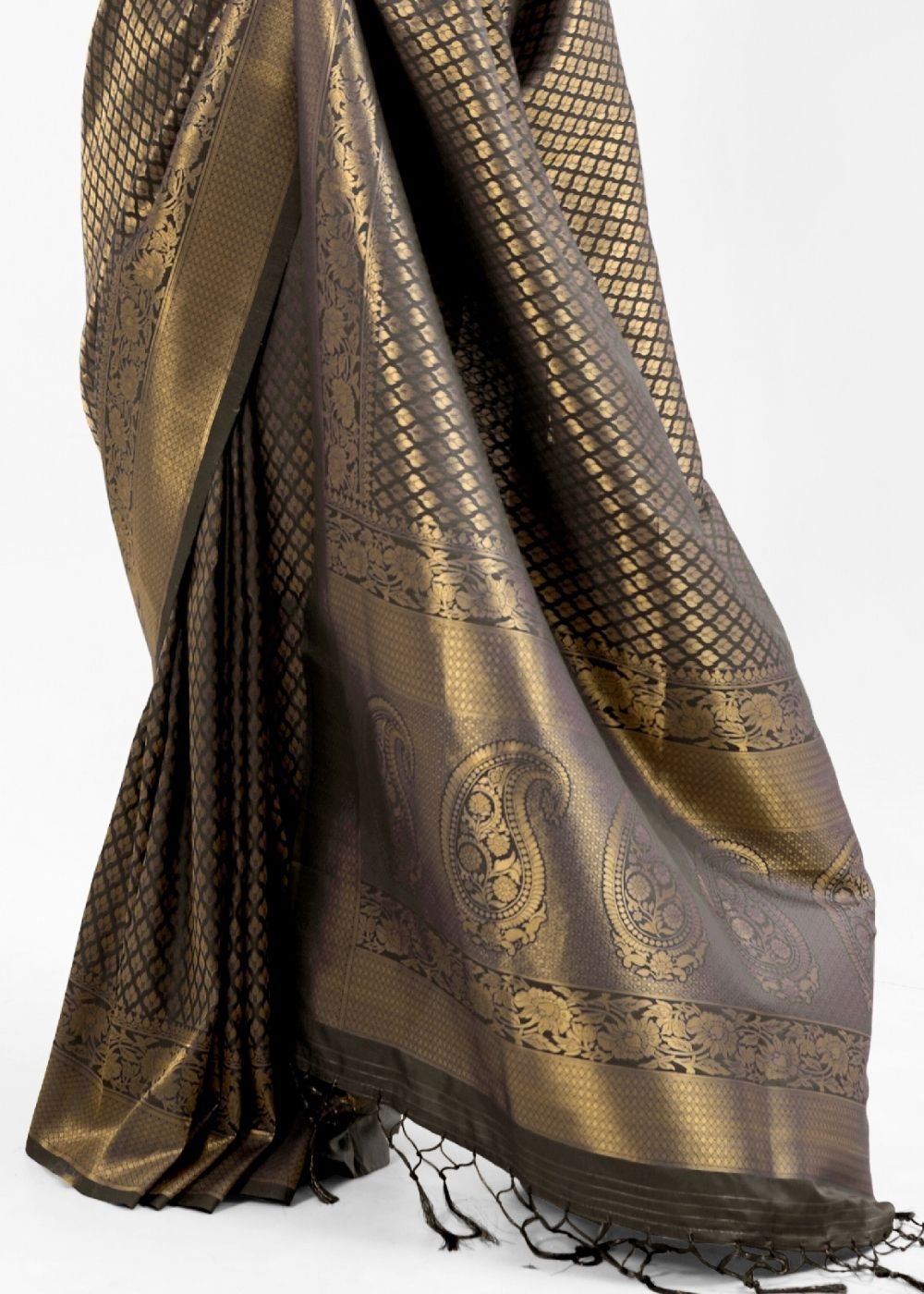 Buy MySilkLove Kabul Greyish Black Zari Woven kanjivaram silk Saree Online