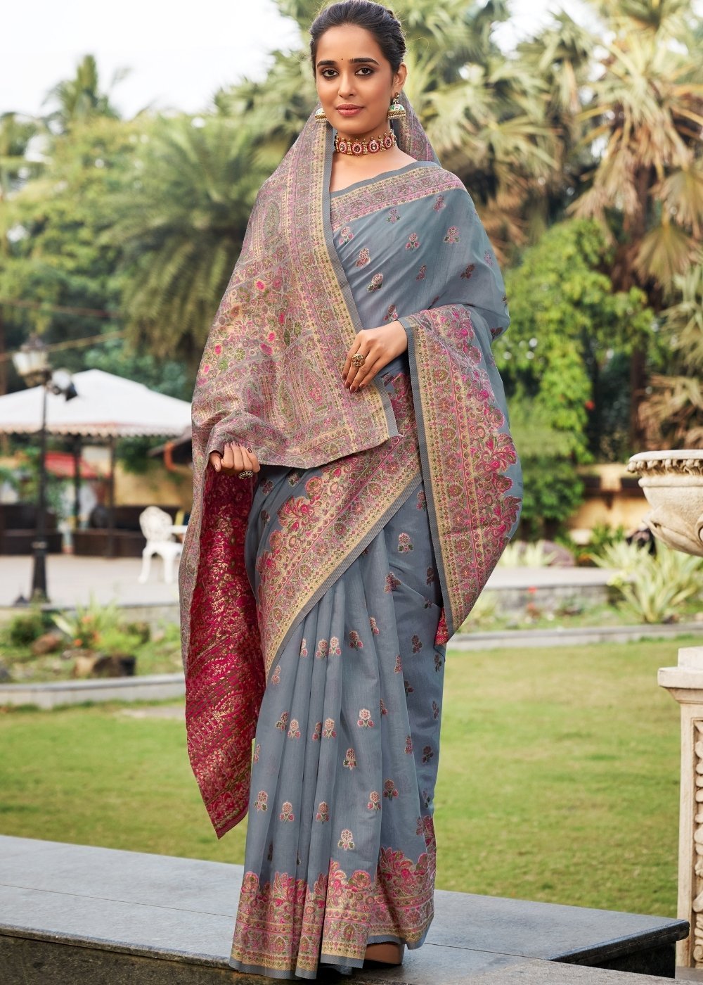 Buy MySilkLove Nevada Grey Kashmiri Weaving Cotton Saree Online