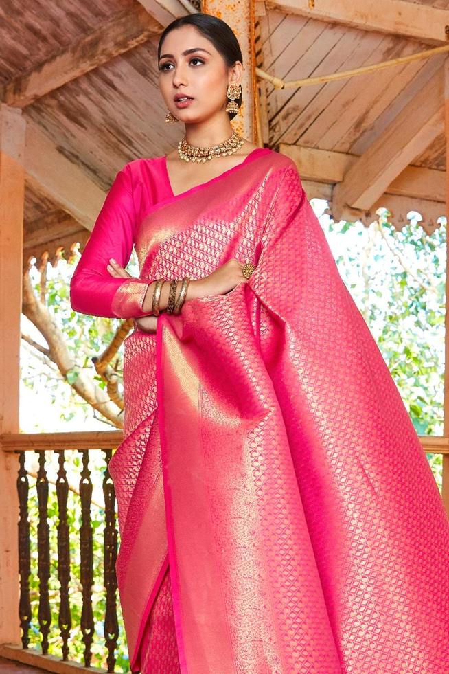 Buy MySilkLove Shiraz Pink Zari Woven Kanjivaram Silk Saree Online