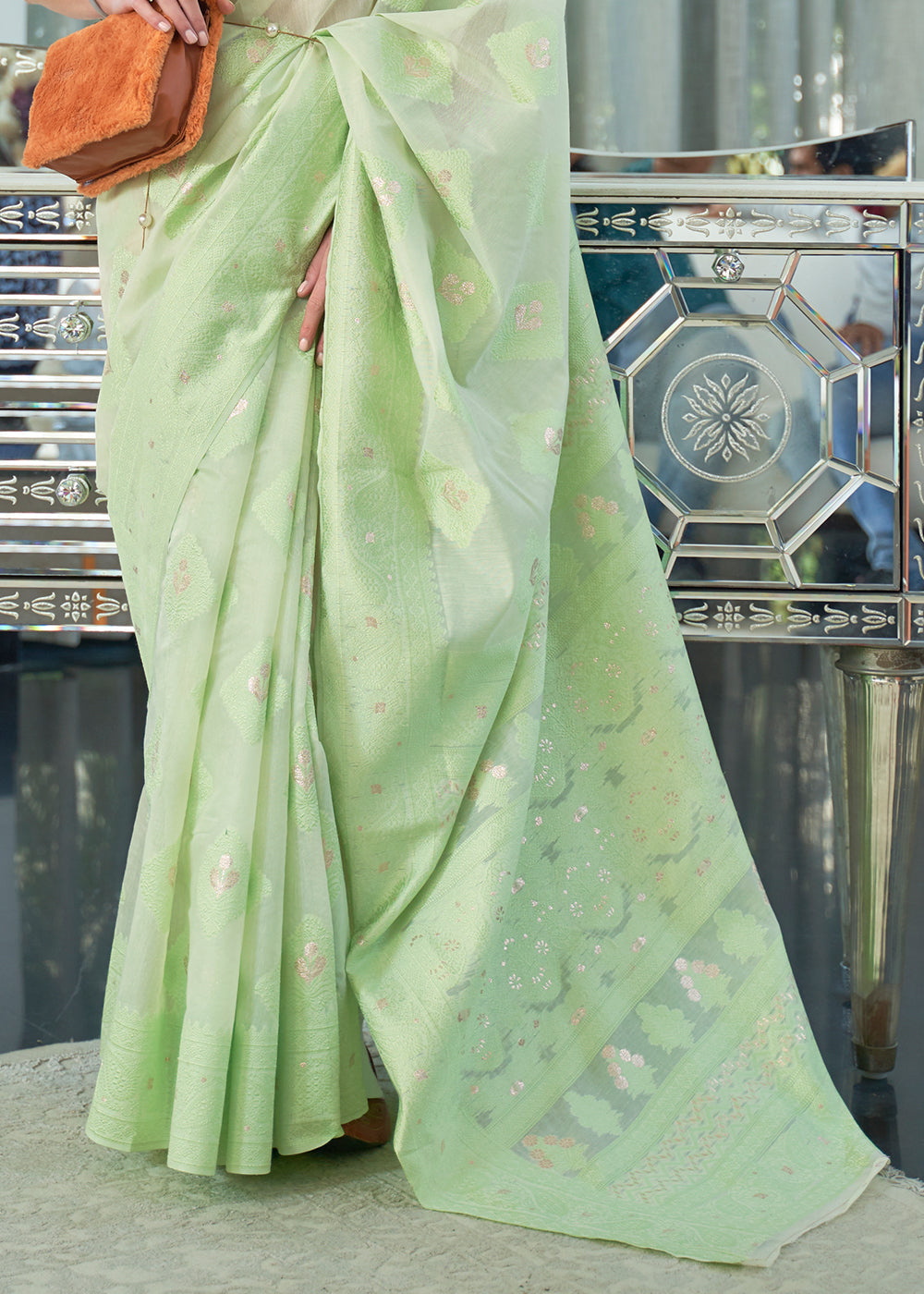 Sprout Green Lucknowi Chikankari Woven Silk Saree