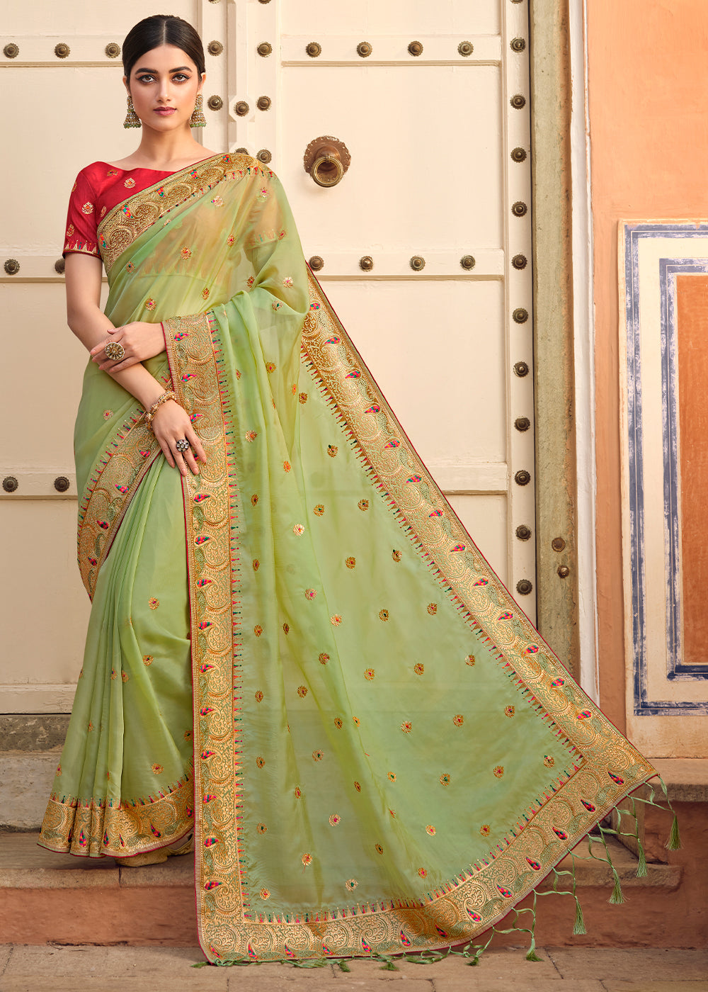 Buy MySilkLove Misty Green Woven Organza Saree with Embroidery Work Online