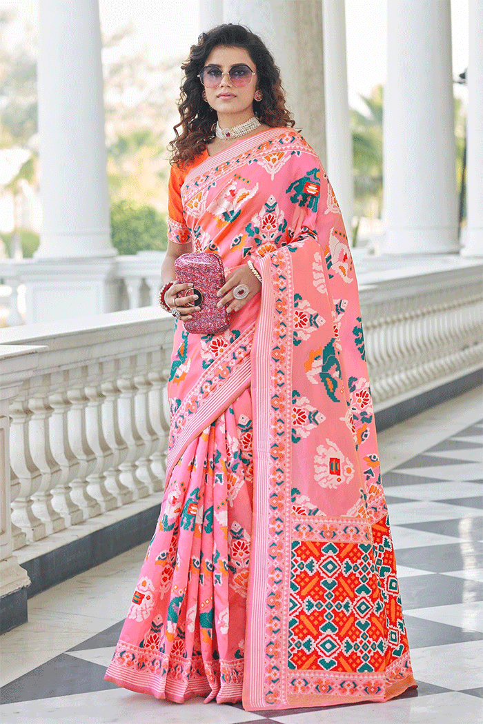 MySilkLove Salmon Pink and Orange Handloom Woven Patola Saree