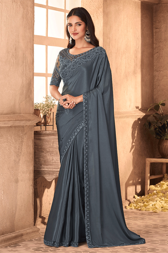 Buy MySilkLove Shuttle Grey Designer Partywear Saree Online