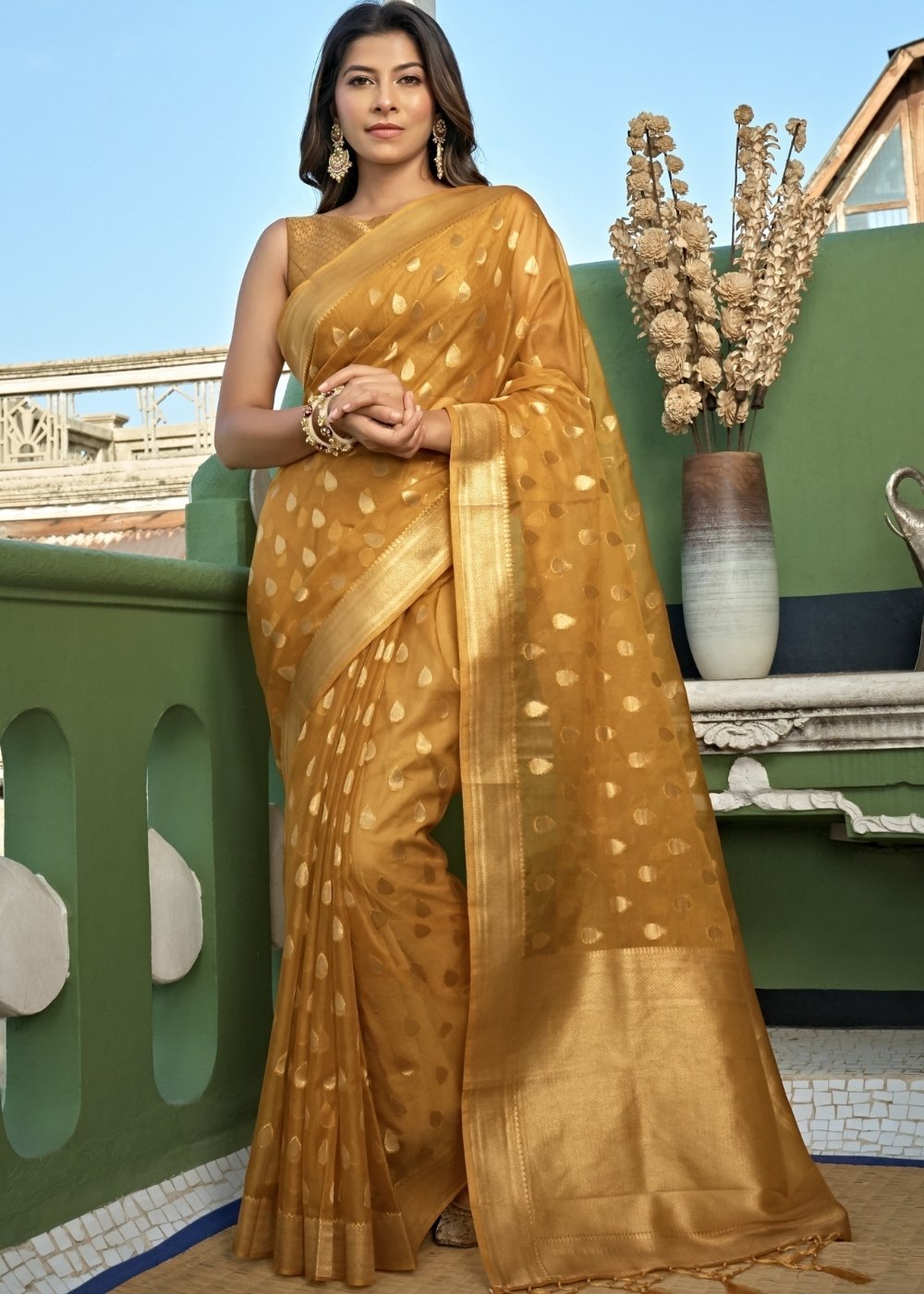 Buy MySilkLove Copper Yellow Handloom Organza Silk Saree Online