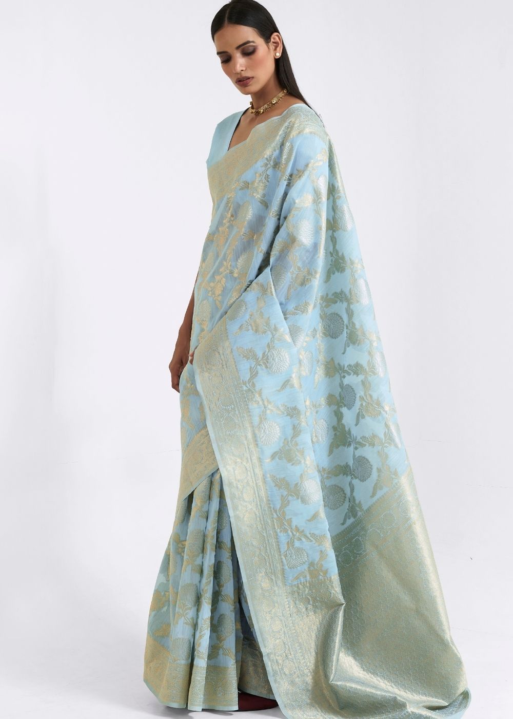 Buy MySilkLove Nepal Blue Zari woven Linen Saree Online