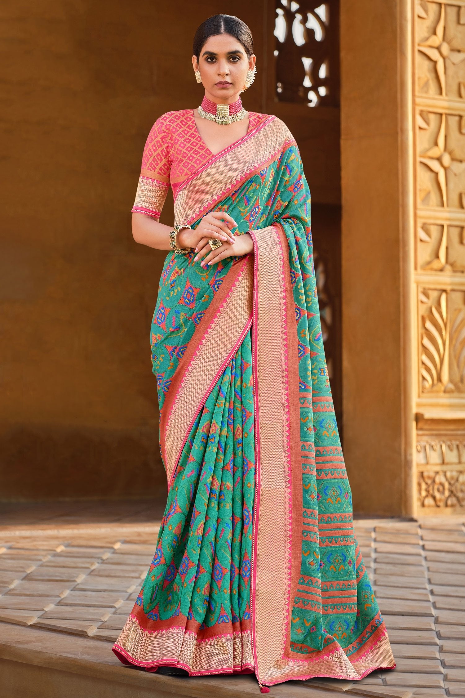 Buy MySilkLove Puerto Blue Brasso Patola Printed Saree Online