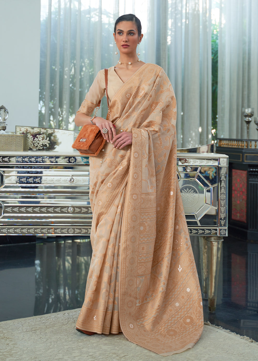 Buy MySilkLove Tumbleweed Brown Lucknowi Chikankari Woven Silk Saree Online