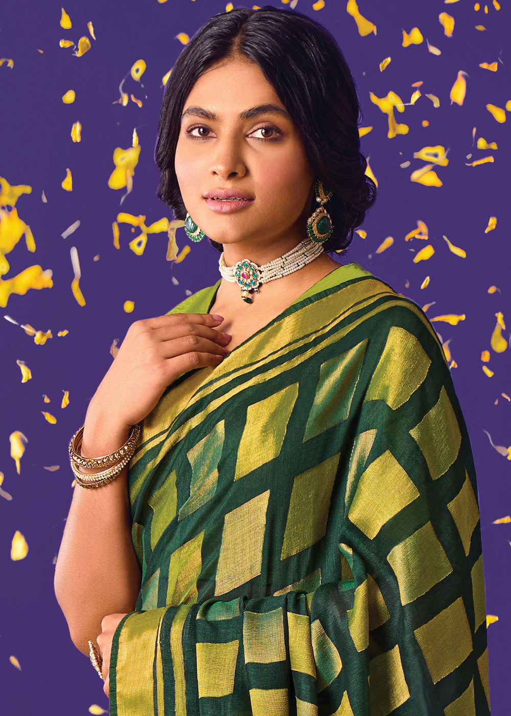 MySilkLove Palm Leaf Green Printed Paithani Saree With Embroidered Blouse