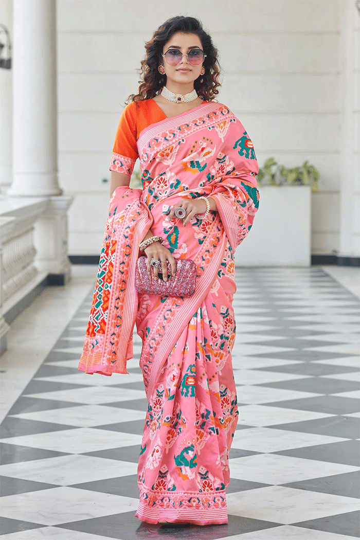 Buy MySilkLove Salmon Pink and Orange Handloom Woven Patola Saree Online