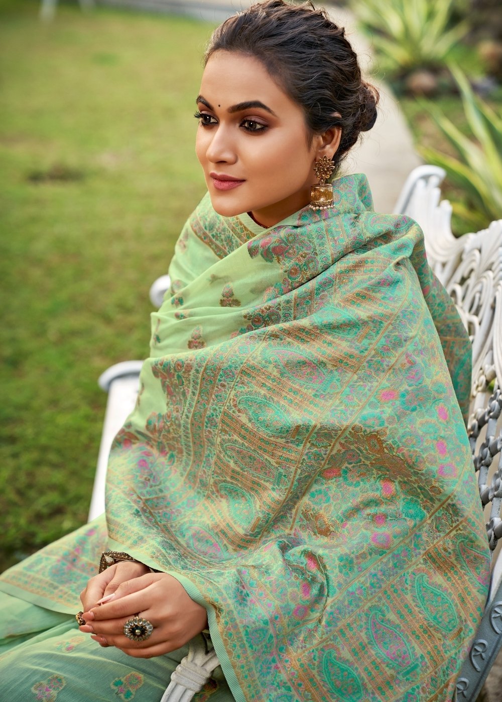 MySilkLove Asparagus Green Kashmiri Weaving Cotton Saree