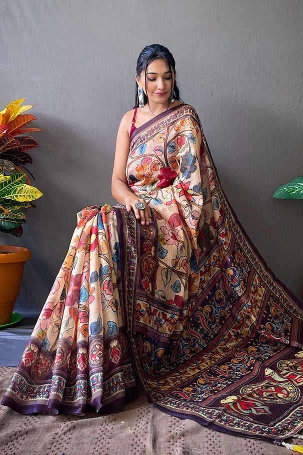 Buy MySilkLove Calico Cream and Red Kalamkari Saree Online