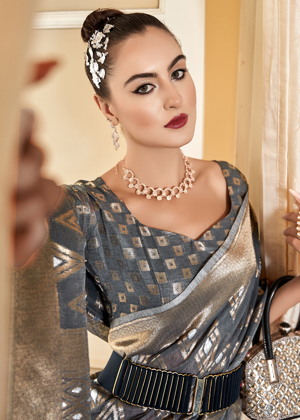 MySilkLove Mine Shaft Grey Woven Banarasi Cotton Modal Silk Saree