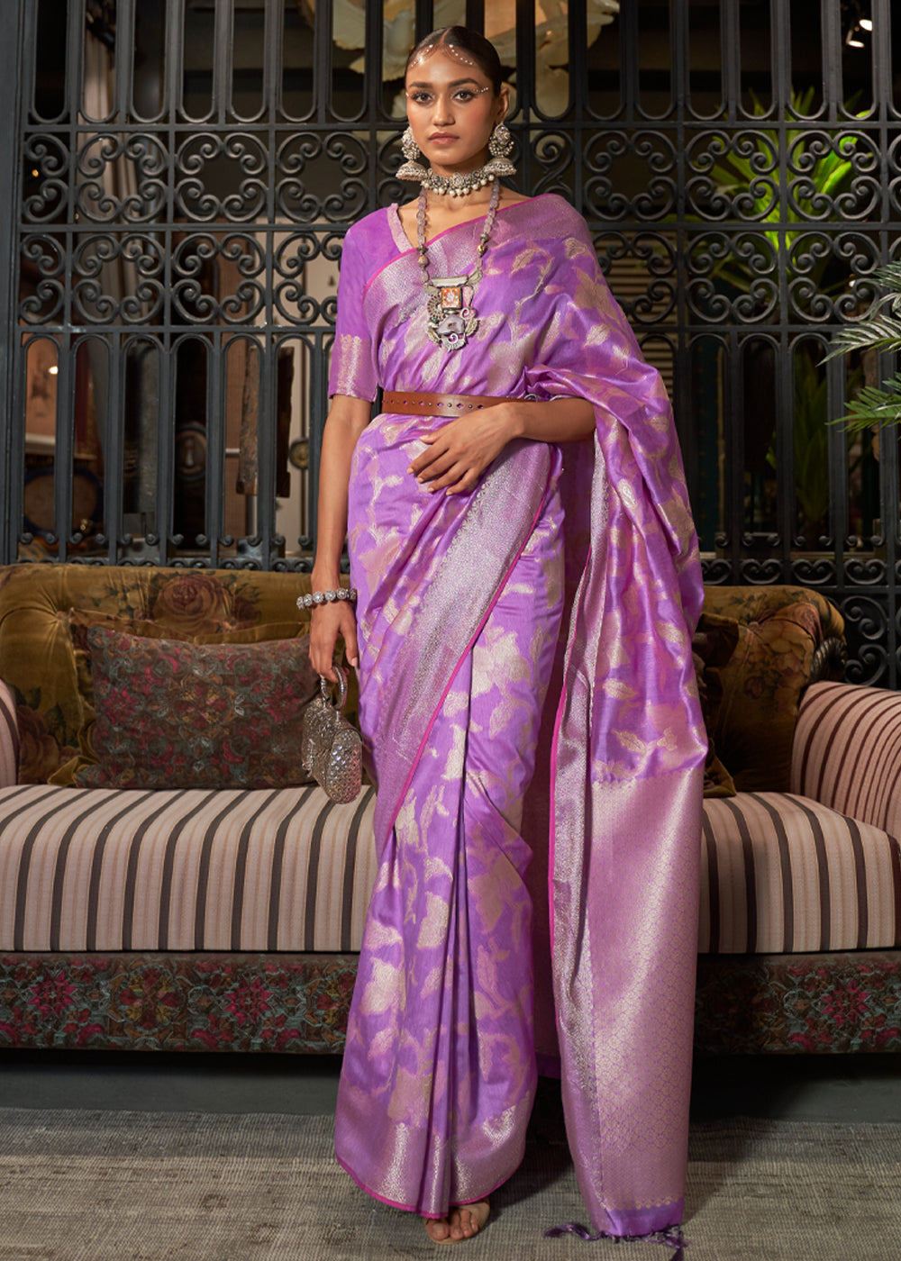 Buy MySilkLove Wisteria Purple Zari Woven Banarasi Silk Saree Online