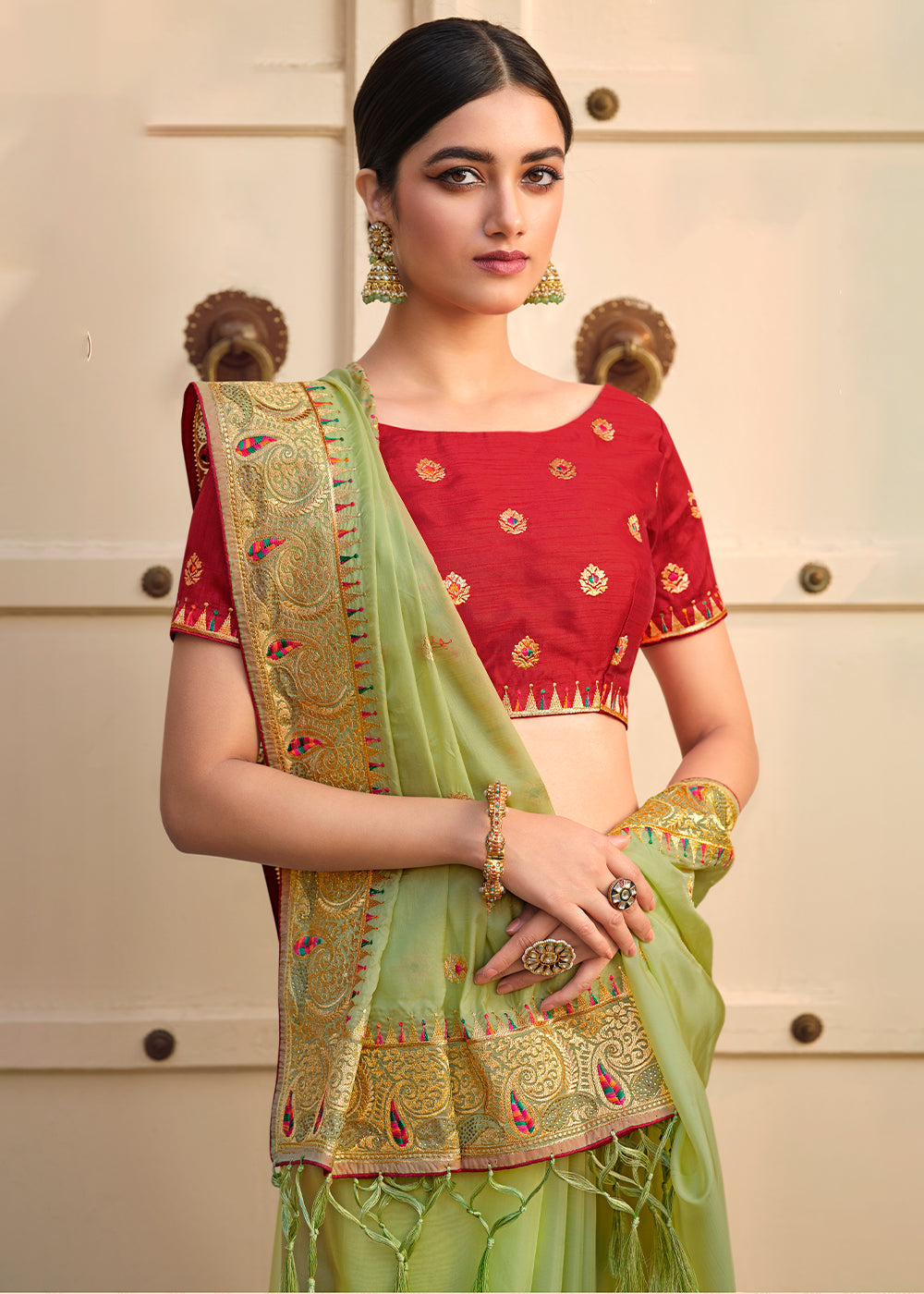 Buy MySilkLove Misty Green Woven Organza Saree with Embroidery Work Online