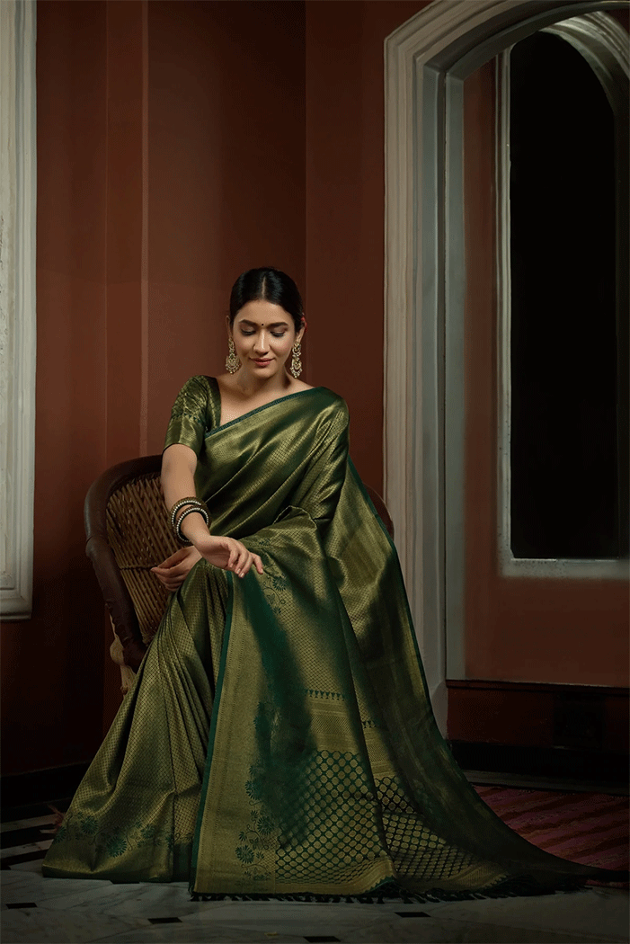 Buy MySilkLove Tom Green Zari Woven Kanjivaram Saree Online