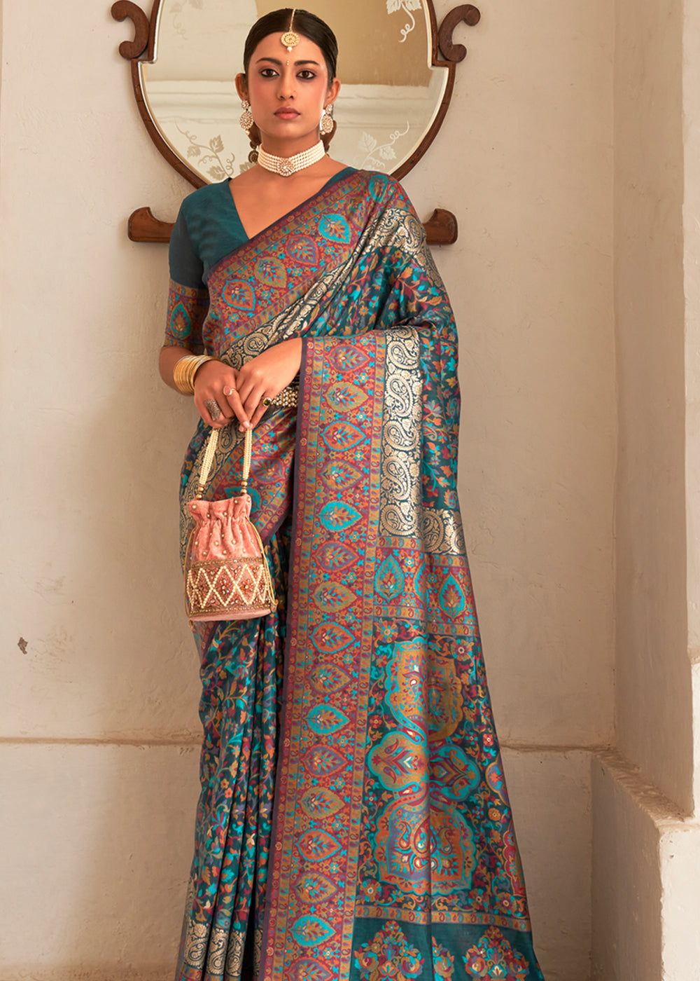 Buy MySilkLove Mirage Blue Woven Banarasi Jamewar Kashmiri Silk Saree Online