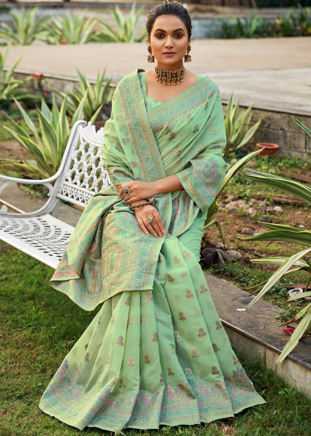 Buy MySilkLove Asparagus Green Kashmiri Weaving Cotton Saree Online