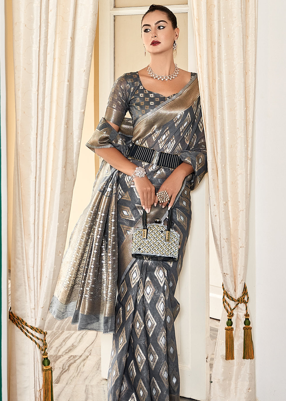 Buy MySilkLove Mine Shaft Grey Woven Banarasi Cotton Modal Silk Saree Online