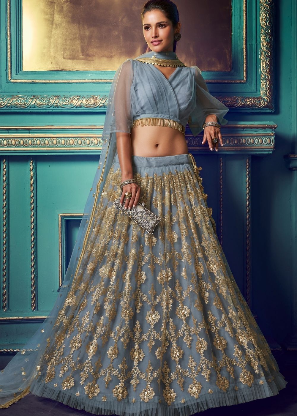 Buy MySilkLove Cadet Blue Designer Soft Net Lehenga Choli Online