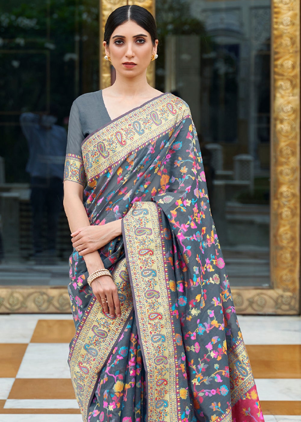 Buy MySilkLove Anchor Grey Kashmiri Jamawar Woven Banarasi silk saree Online