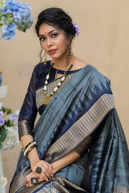 MySilkLove Black Coral Pearl Grey Banarasi Raw Silk Saree