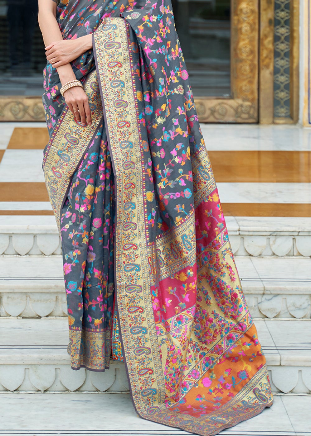 Buy MySilkLove Anchor Grey Kashmiri Jamawar Woven Banarasi silk saree Online